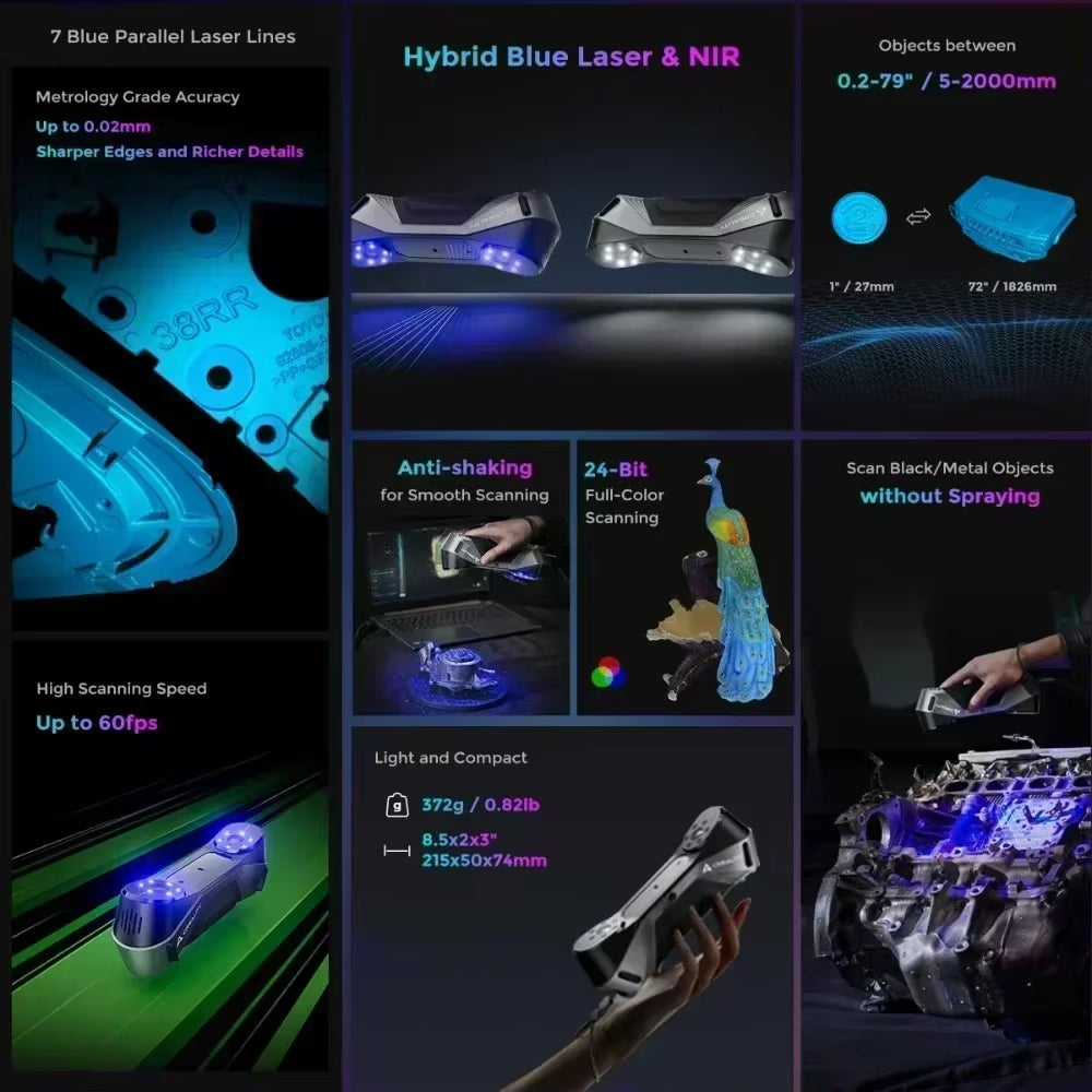 3D Scanner Cr-Scan Raptor Multiple-Line Blue NIR 0.02Mm Accuracy 60FPS Anti-Shake Tracking Scanning 24Bit Color Scanner